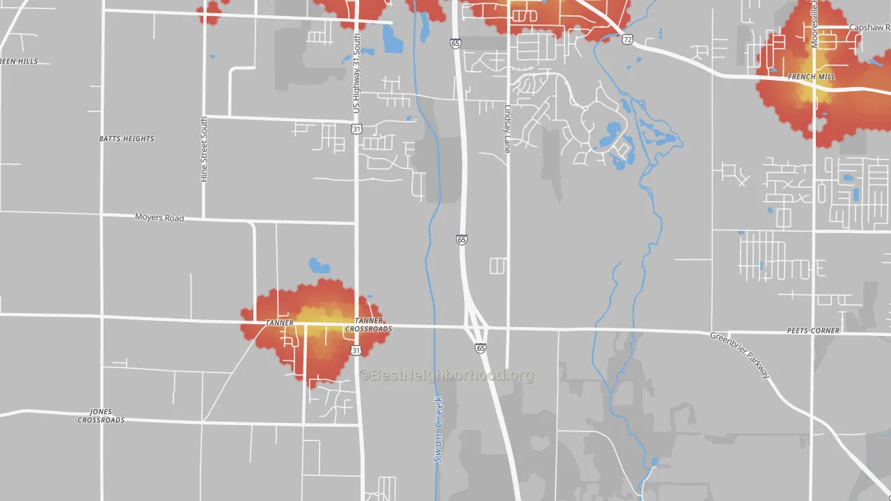 Walk Grade map of Tanner Crossroads, AL, walkable areas in green and car-dependent areas in red