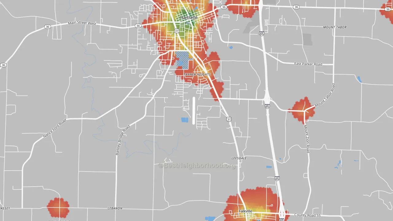 Walk Grade map of Tanner Heights, AL, walkable areas in green and car-dependent areas in red