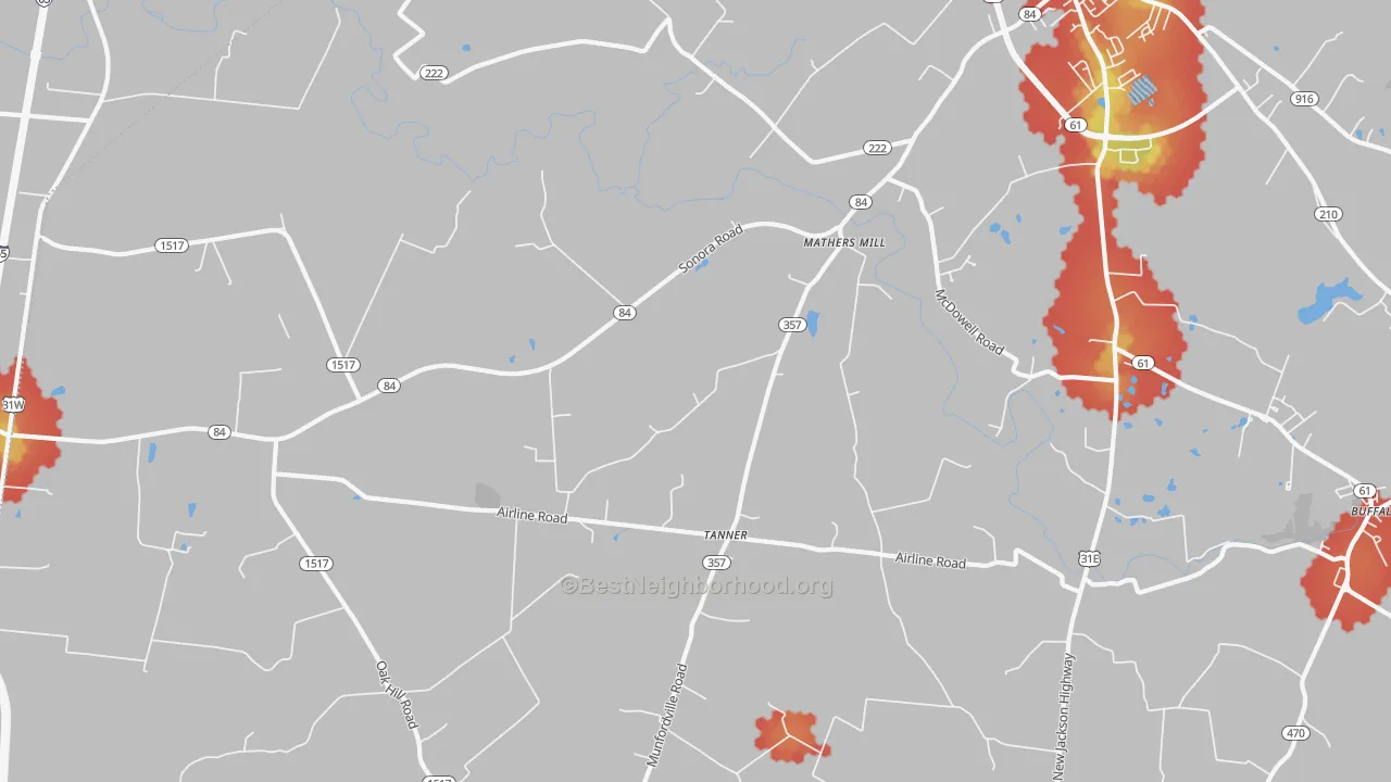 Walk Grade map of Tanner, KY, walkable areas in green and car-dependent areas in red