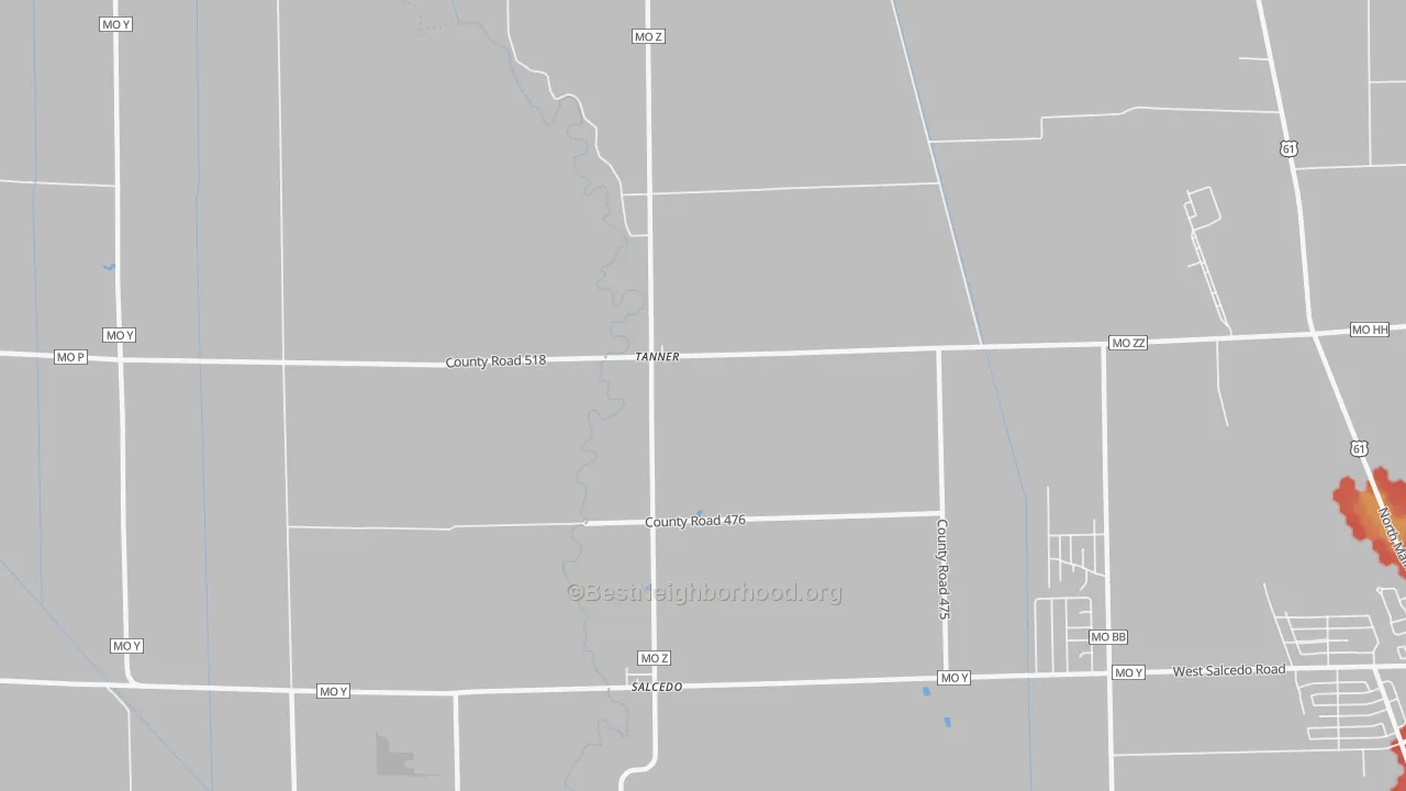 Walk Grade map of Tanner, MO, walkable areas in green and car-dependent areas in red