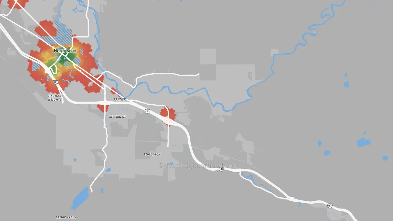 Walk Grade map of Tanner, WA, walkable areas in green and car-dependent areas in red