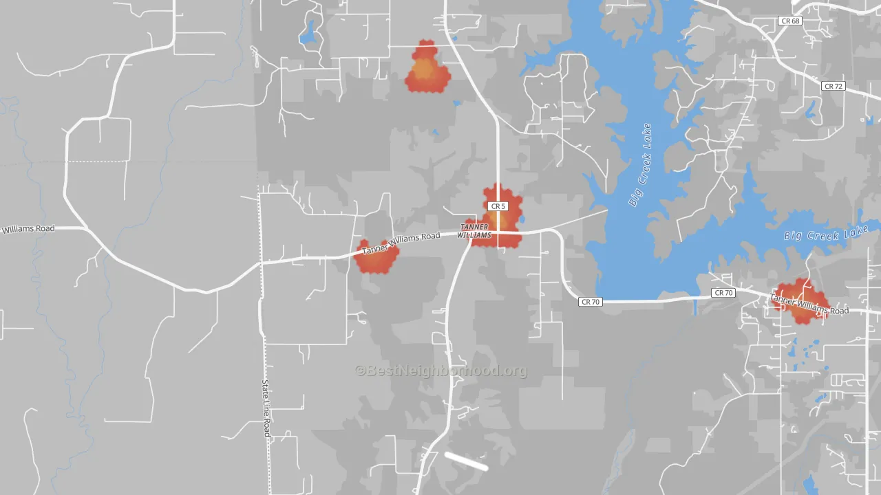 Walk Grade map of Tanner Williams, AL, walkable areas in green and car-dependent areas in red