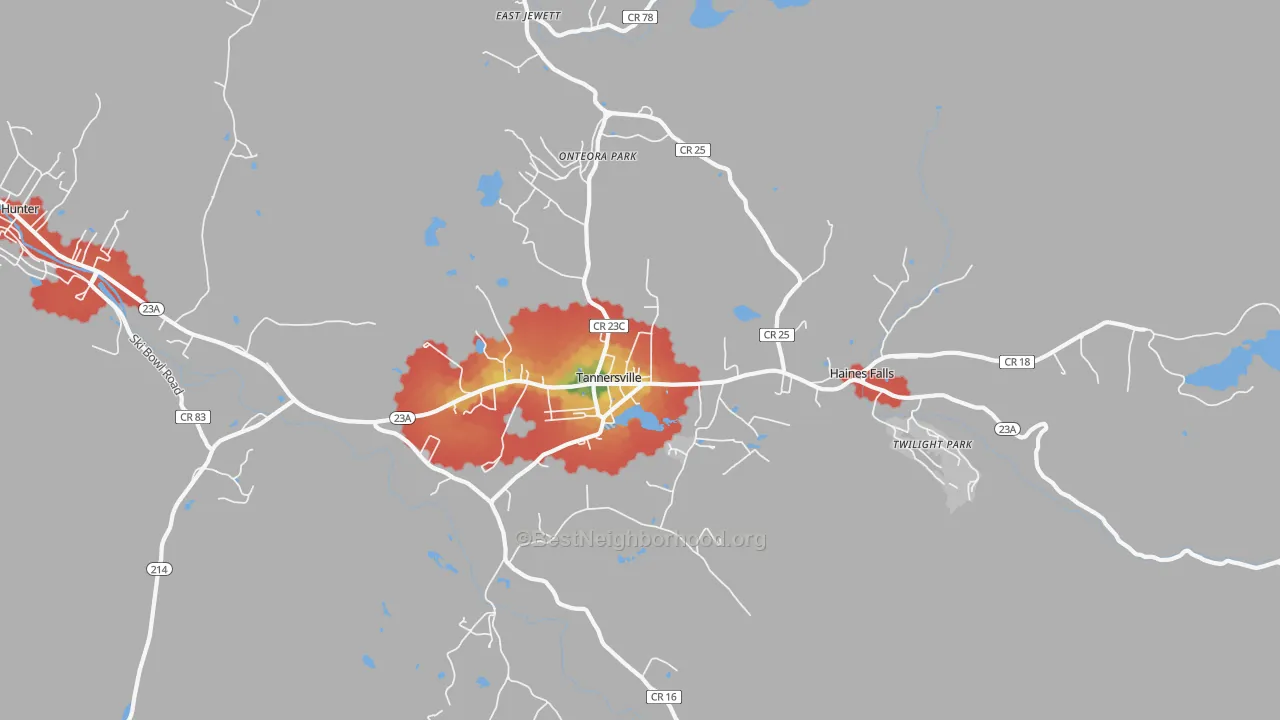 Walk Grade map of Tannersville, NY, walkable areas in green and car-dependent areas in red