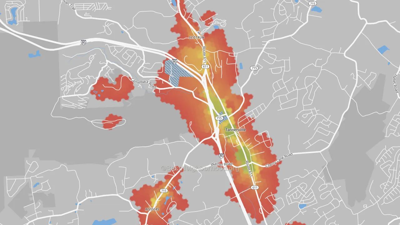 Walk Grade map of Tannersville, PA, walkable areas in green and car-dependent areas in red