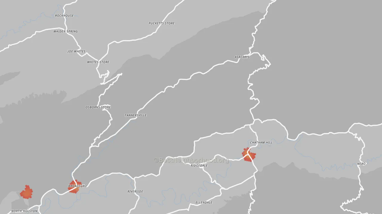 Walk Grade map of Tannersville, VA, walkable areas in green and car-dependent areas in red