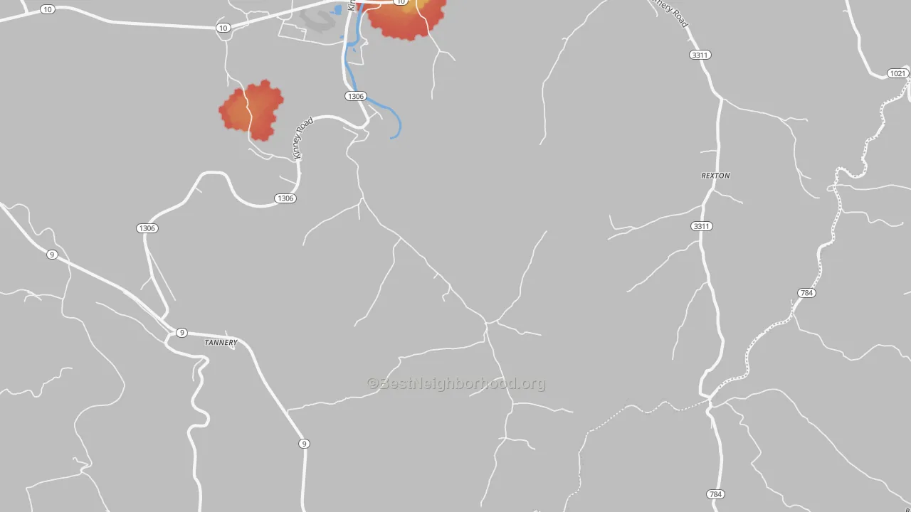 Walk Grade map of Tannery, KY, walkable areas in green and car-dependent areas in red