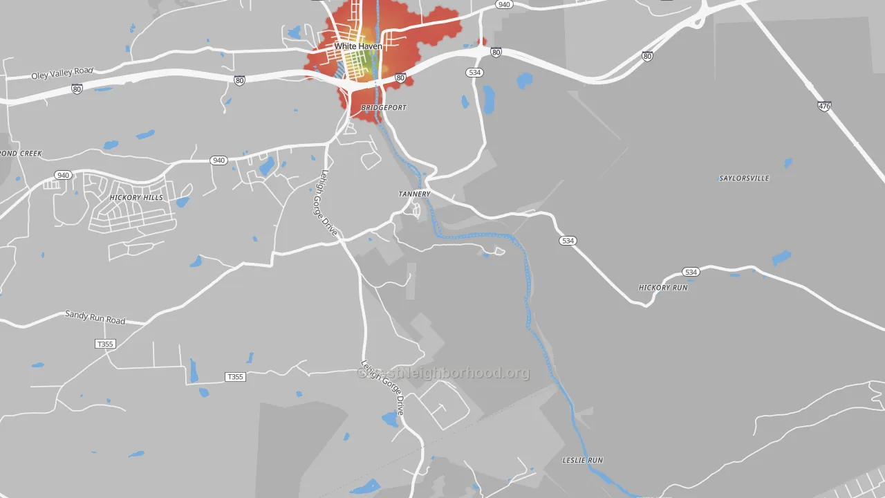 Walk Grade map of Tannery, PA, walkable areas in green and car-dependent areas in red