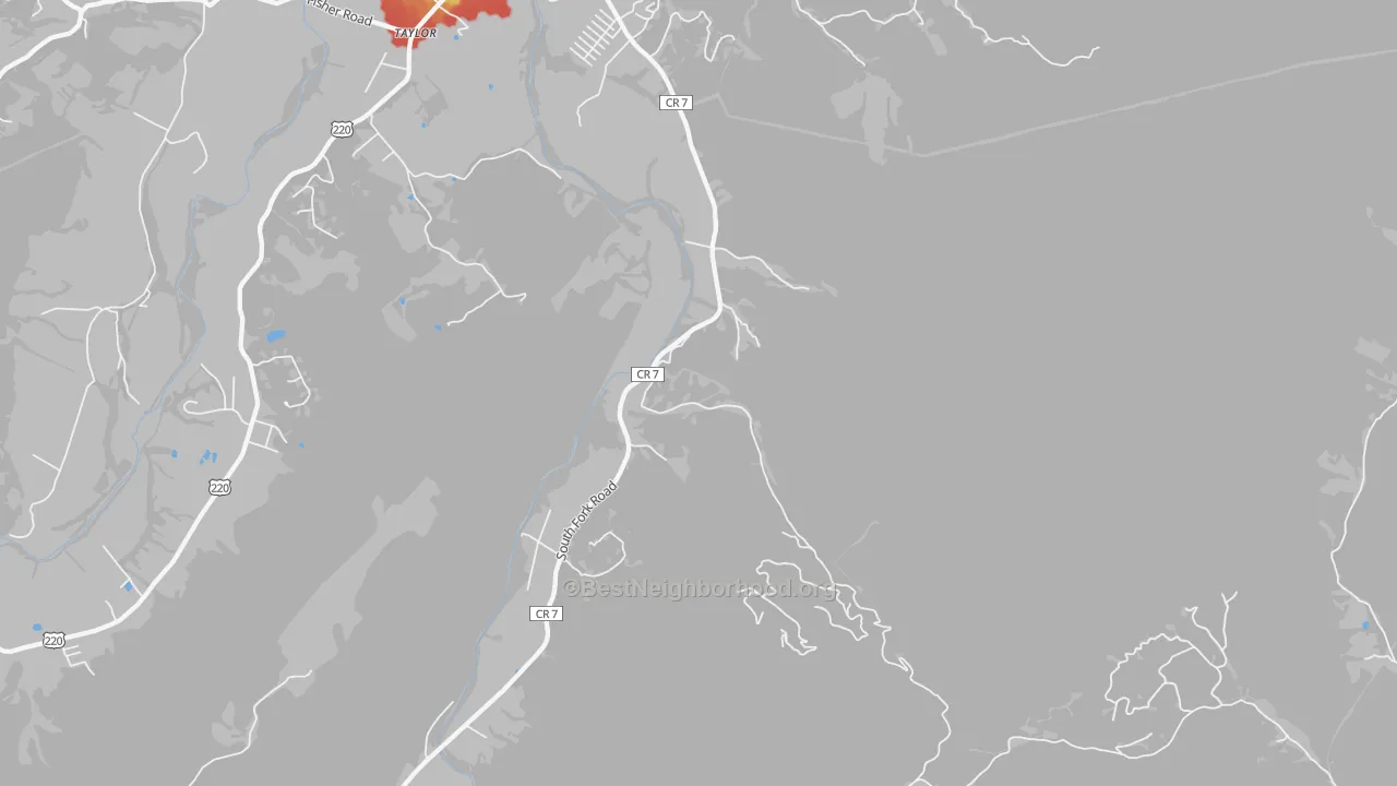 Walk Grade map of Tannery, WV, walkable areas in green and car-dependent areas in red