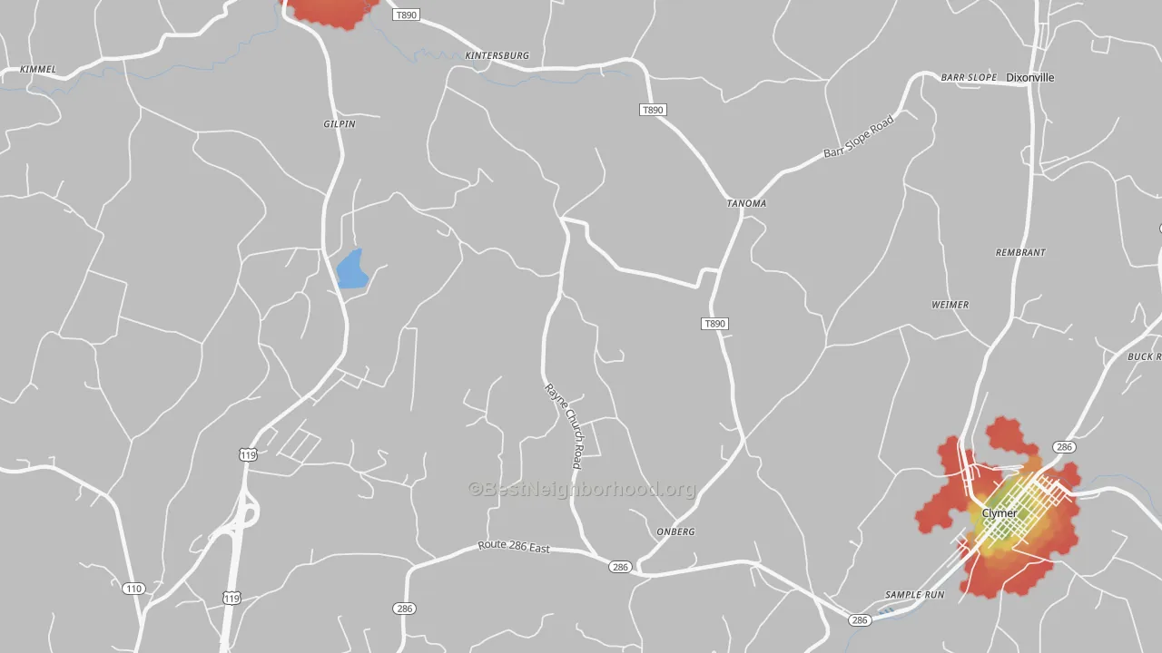 Walk Grade map of Tanoma, PA, walkable areas in green and car-dependent areas in red
