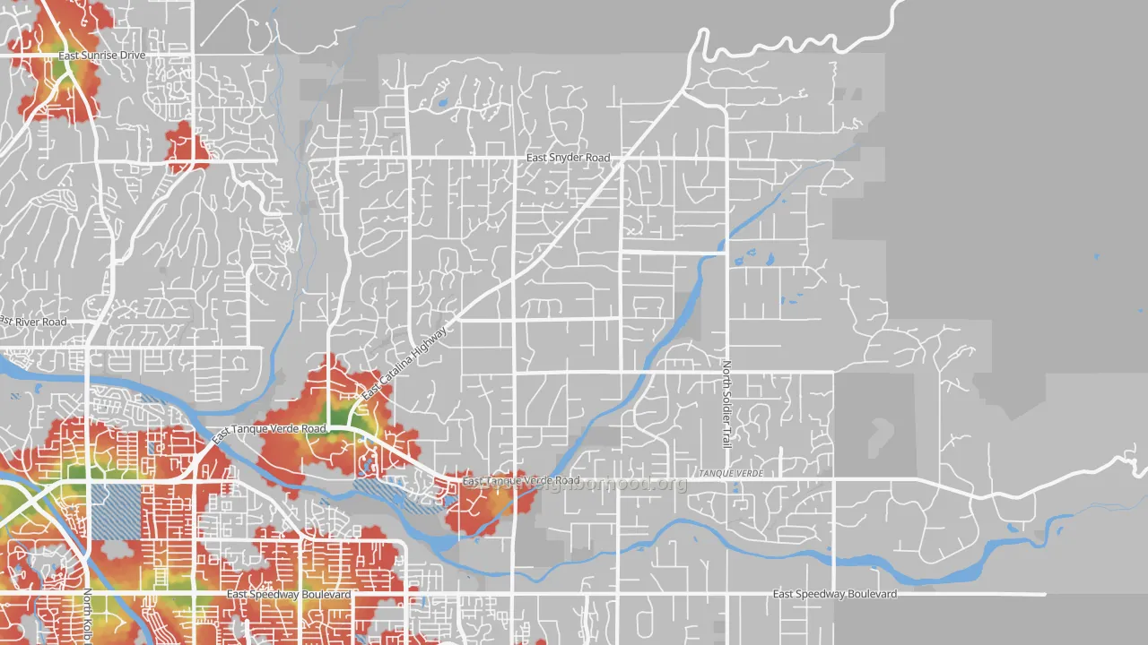 Walk Grade map of Tanque Verde, AZ, walkable areas in green and car-dependent areas in red