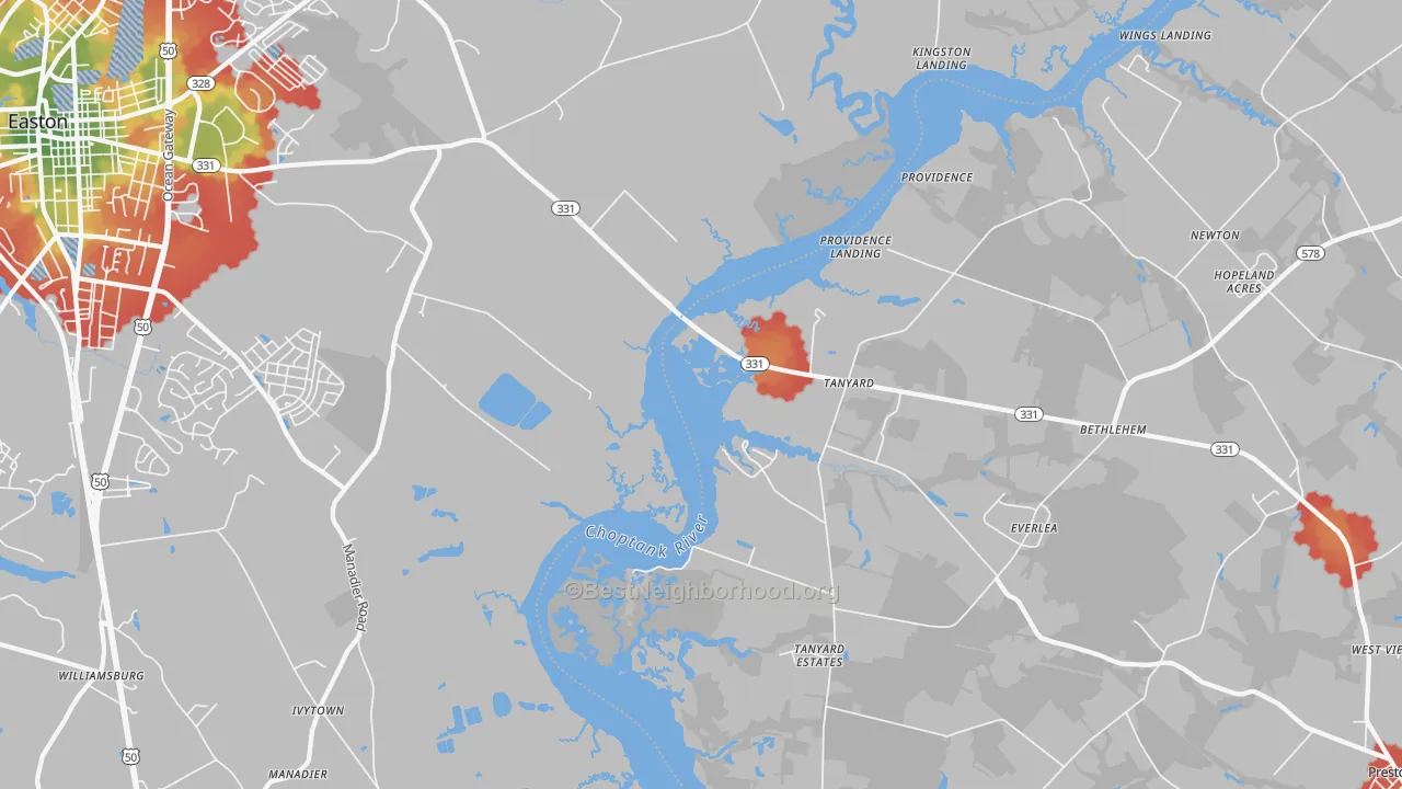 Walk Grade map of Tanyard, MD, walkable areas in green and car-dependent areas in red