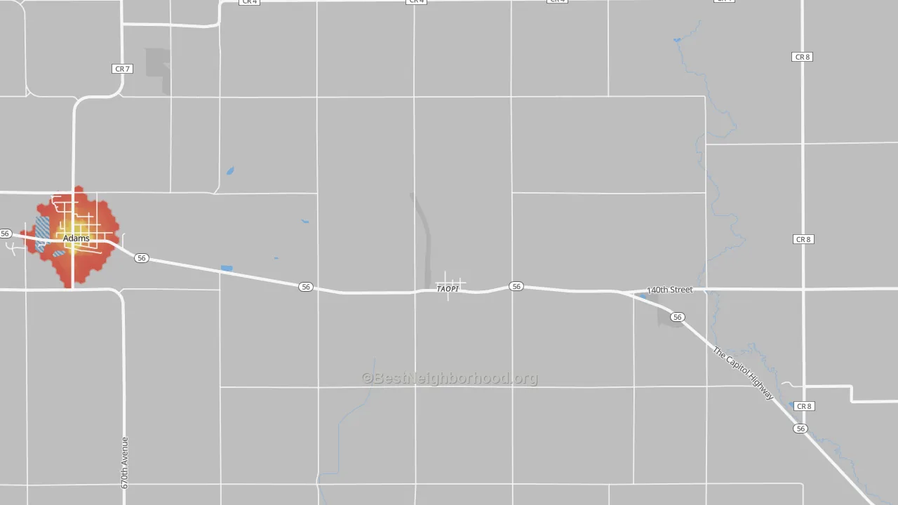 Walk Grade map of Taopi, MN, walkable areas in green and car-dependent areas in red