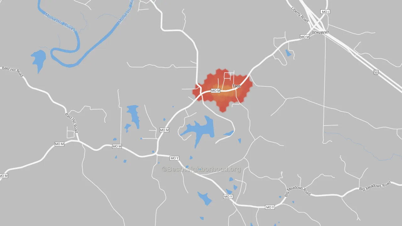 Walk Grade map of Taos, MO, walkable areas in green and car-dependent areas in red