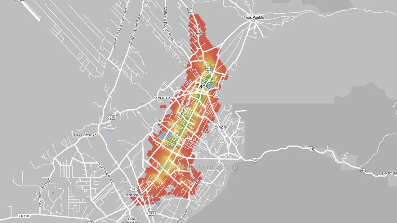 Walk Grade map of Taos, NM, walkable areas in green and car-dependent areas in red
