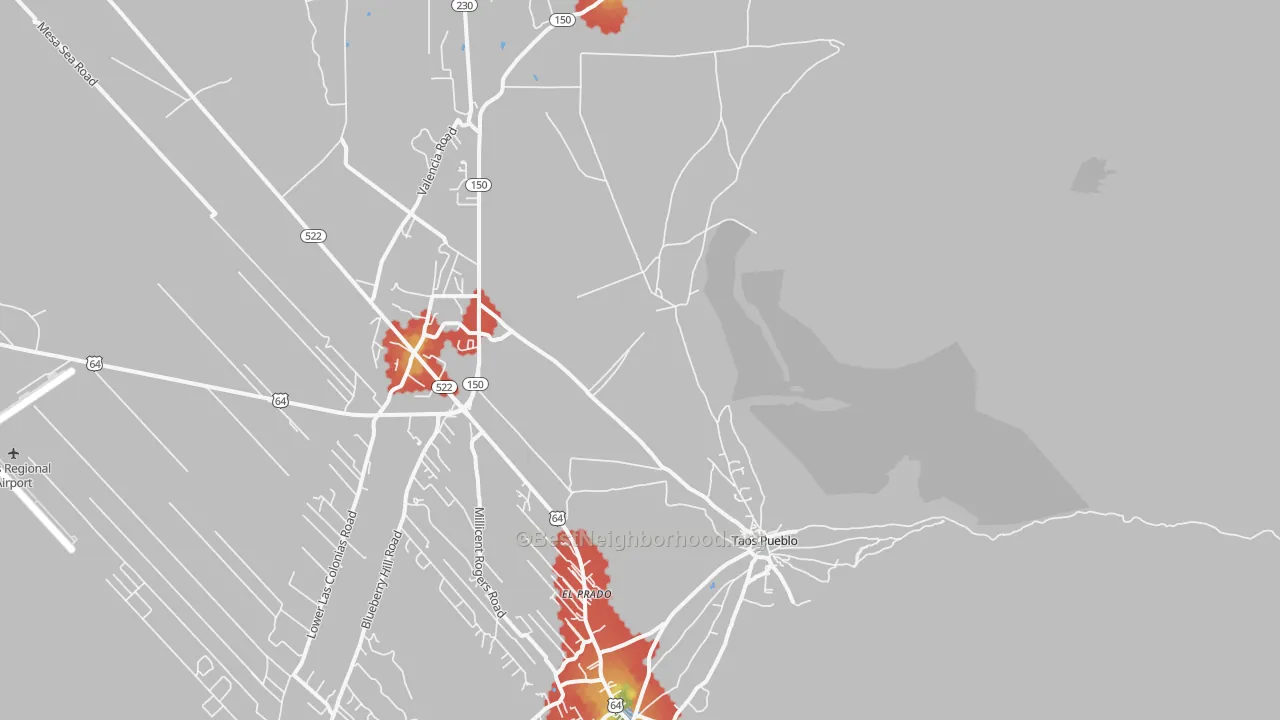 Walk Grade map of Taos Pueblo, NM, walkable areas in green and car-dependent areas in red
