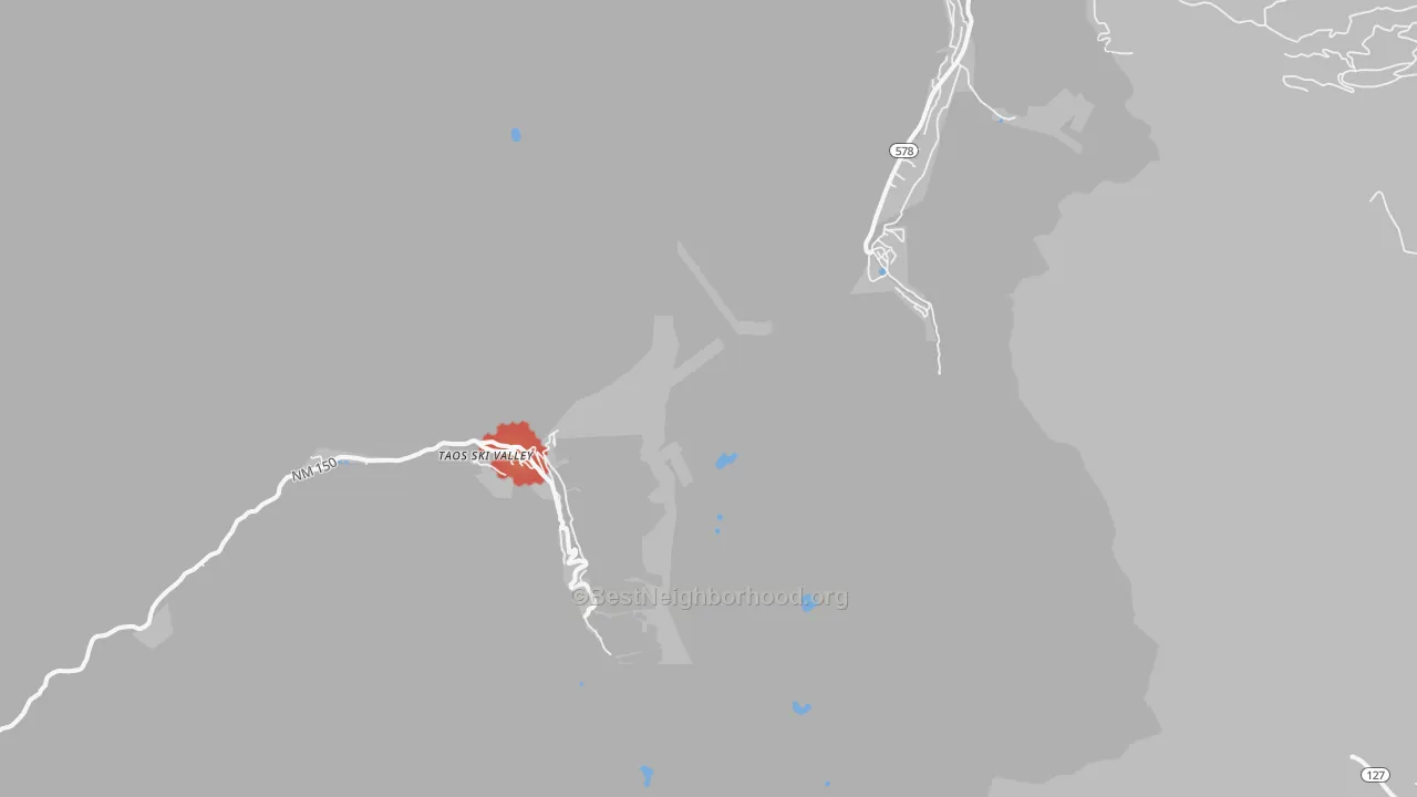 Walk Grade map of Taos Ski Valley, NM, walkable areas in green and car-dependent areas in red