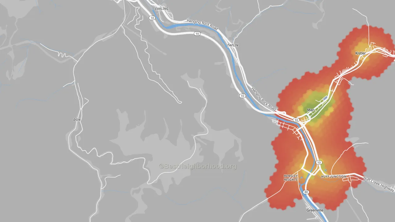 Walk Grade map of Taplin, WV, walkable areas in green and car-dependent areas in red