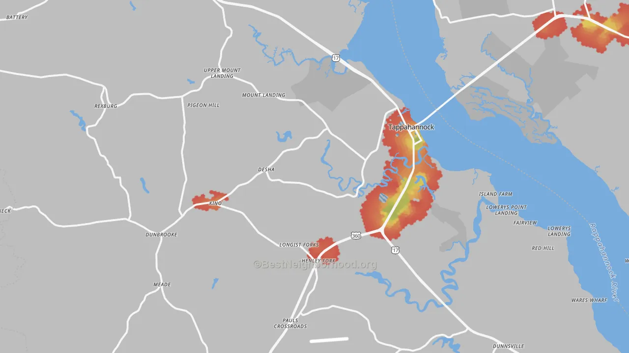 Walk Grade map of Tappahannock, VA, walkable areas in green and car-dependent areas in red
