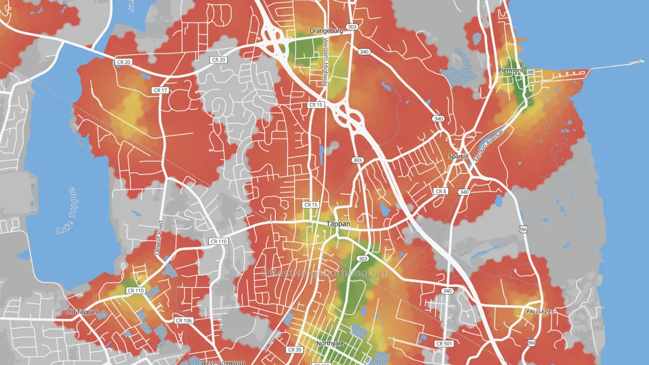 Walk Grade map of Tappan, NY, walkable areas in green and car-dependent areas in red