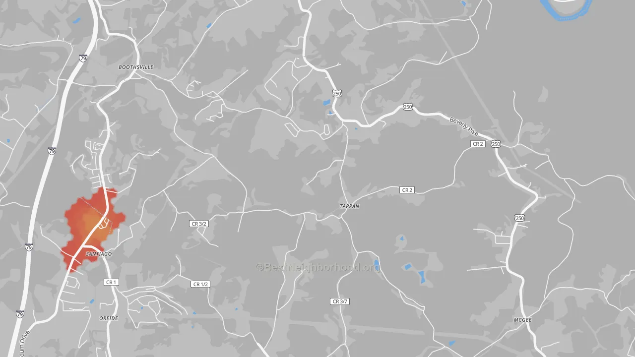 Walk Grade map of Tappan, WV, walkable areas in green and car-dependent areas in red