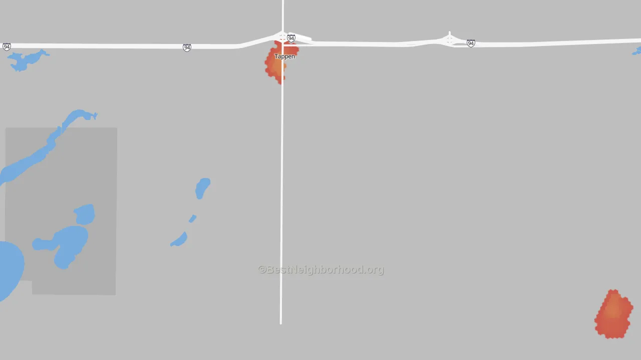 Walk Grade map of Tappen, ND, walkable areas in green and car-dependent areas in red