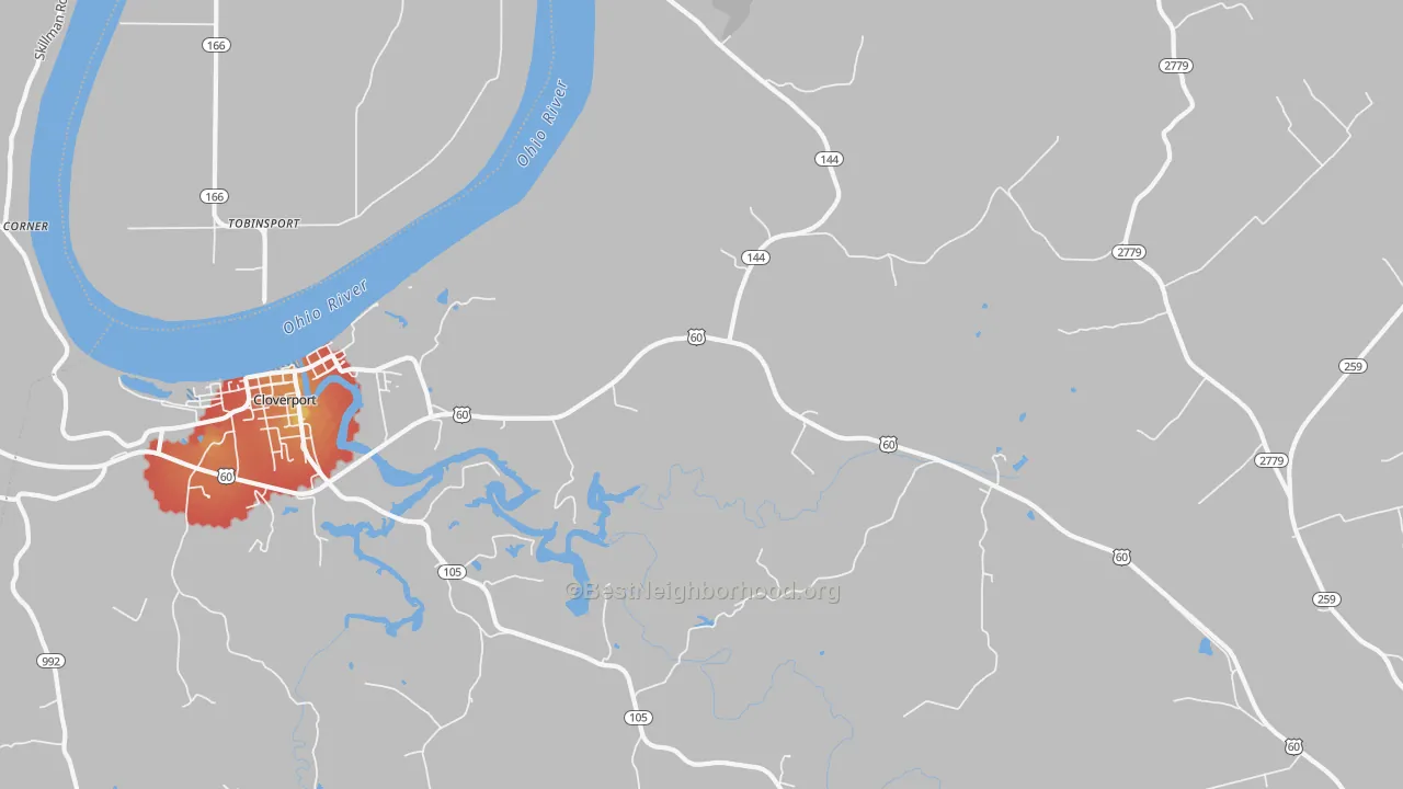 Walk Grade map of Tar Fork, KY, walkable areas in green and car-dependent areas in red