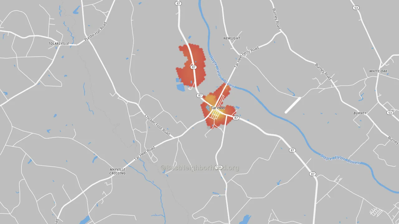 Walk Grade map of Tar Heel, NC, walkable areas in green and car-dependent areas in red