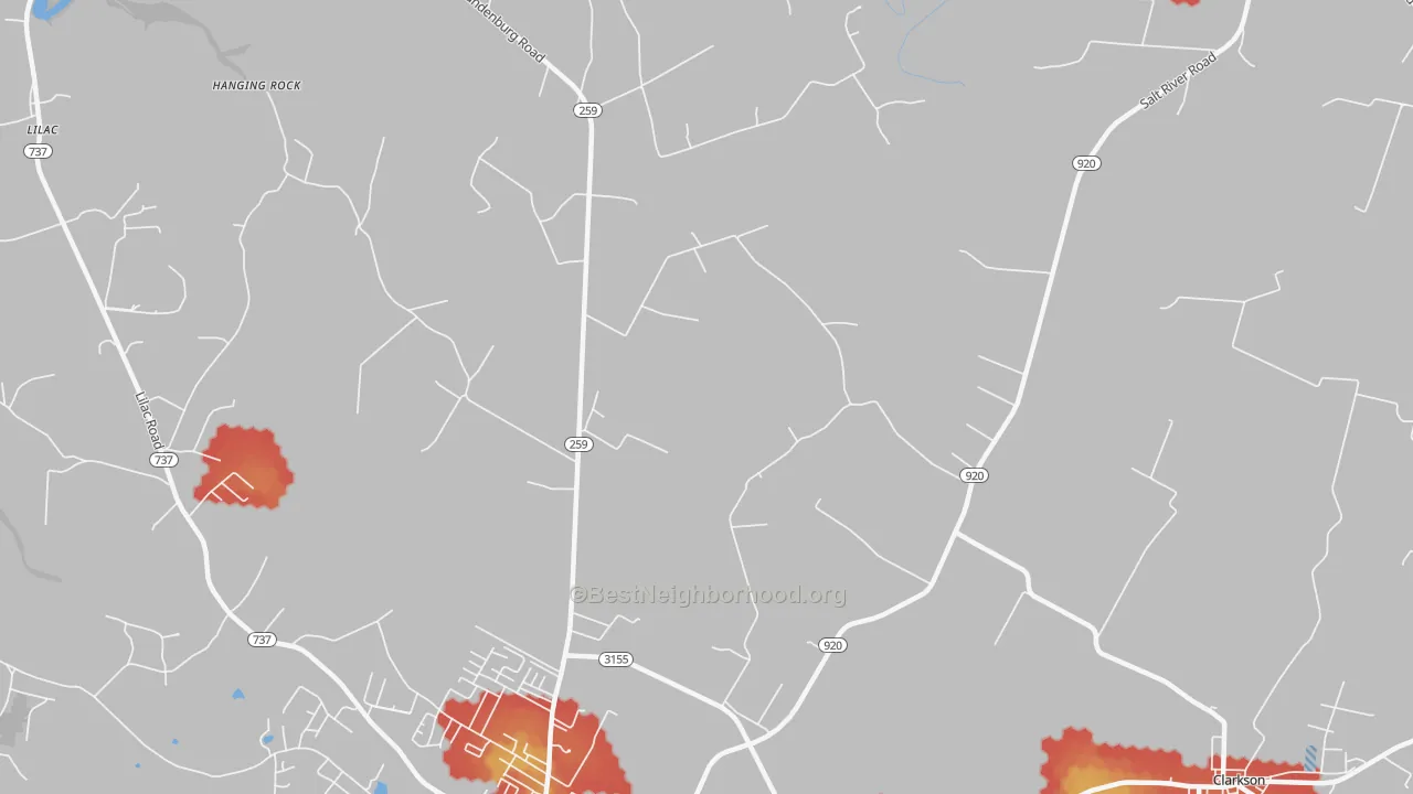 Walk Grade map of Tar Hill, KY, walkable areas in green and car-dependent areas in red