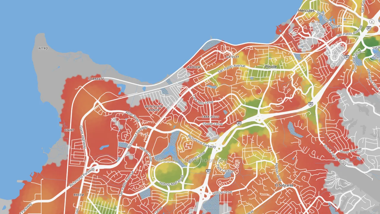 Walk Grade map of Tara Hills, San Pablo, CA, walkable areas in green and car-dependent areas in red