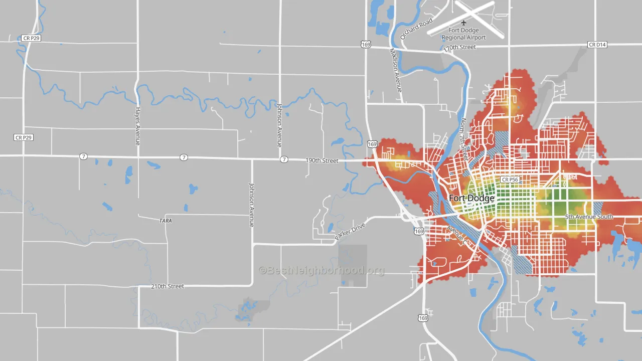 Walk Grade map of Tara, IA, walkable areas in green and car-dependent areas in red