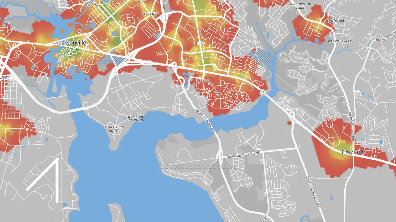 Walk Grade map of Tarawa Terrace, NC, walkable areas in green and car-dependent areas in red