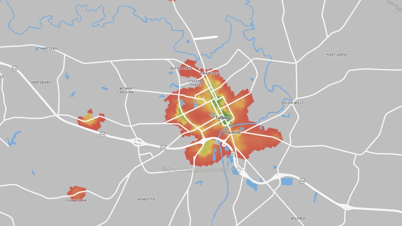 Walk Grade map of Tarboro, NC, walkable areas in green and car-dependent areas in red