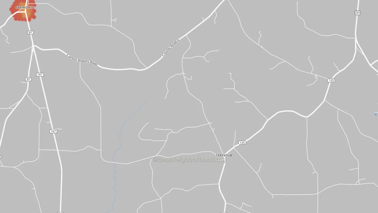 Walk Grade map of Tarentum, AL, walkable areas in green and car-dependent areas in red
