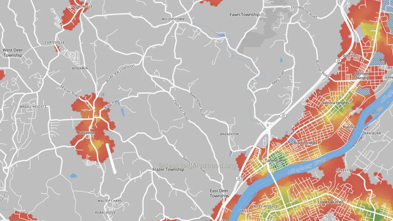 Walk Grade map of Tarentum, PA, walkable areas in green and car-dependent areas in red