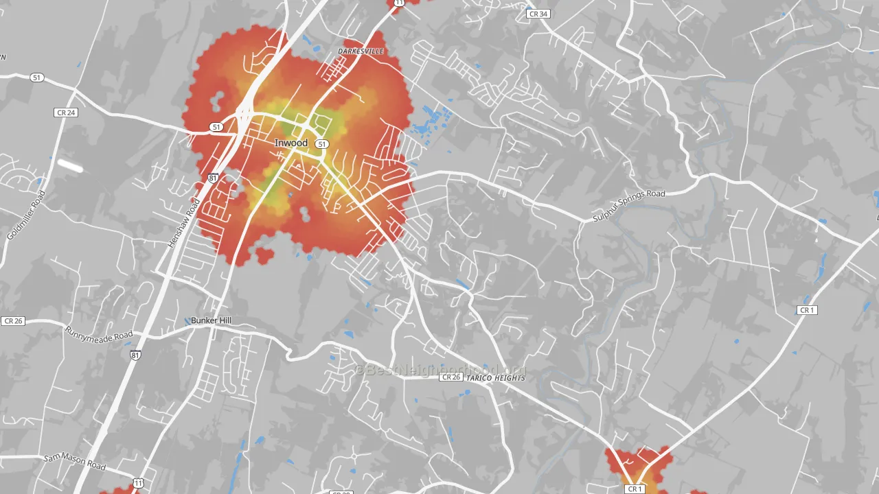 Walk Grade map of Tarico Heights, Inwood, WV, walkable areas in green and car-dependent areas in red