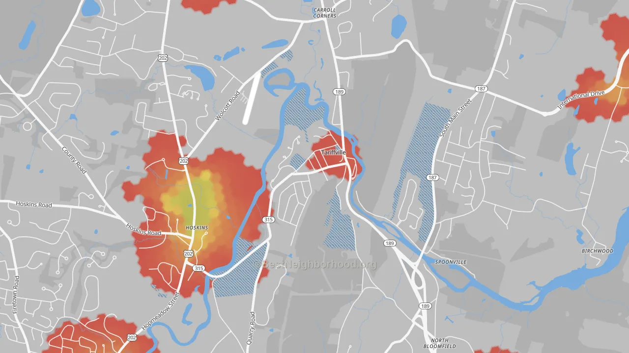 Walk Grade map of Tariffville, CT, walkable areas in green and car-dependent areas in red