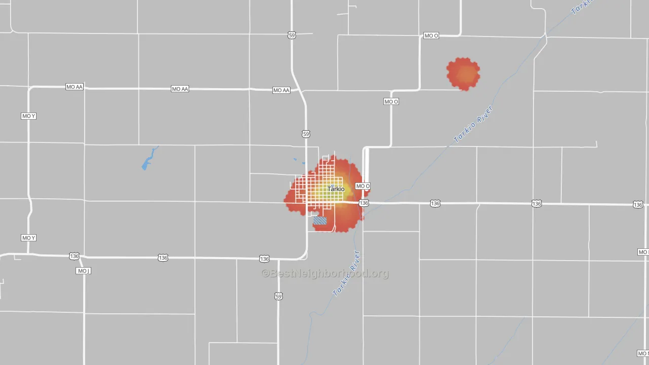 Walk Grade map of Tarkio, MO, walkable areas in green and car-dependent areas in red