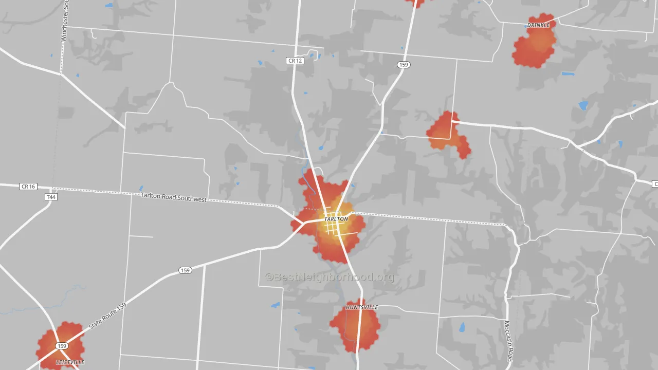 Walk Grade map of Tarlton, OH, walkable areas in green and car-dependent areas in red