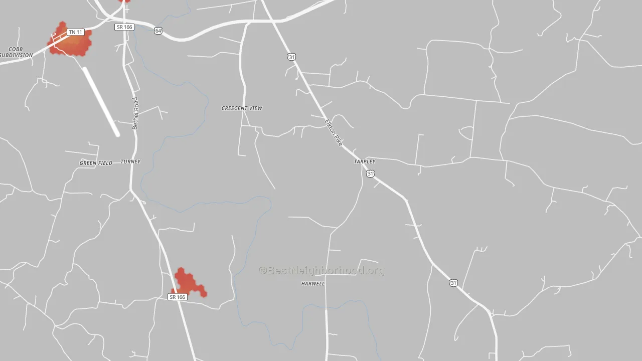 Walk Grade map of Tarpley, TN, walkable areas in green and car-dependent areas in red