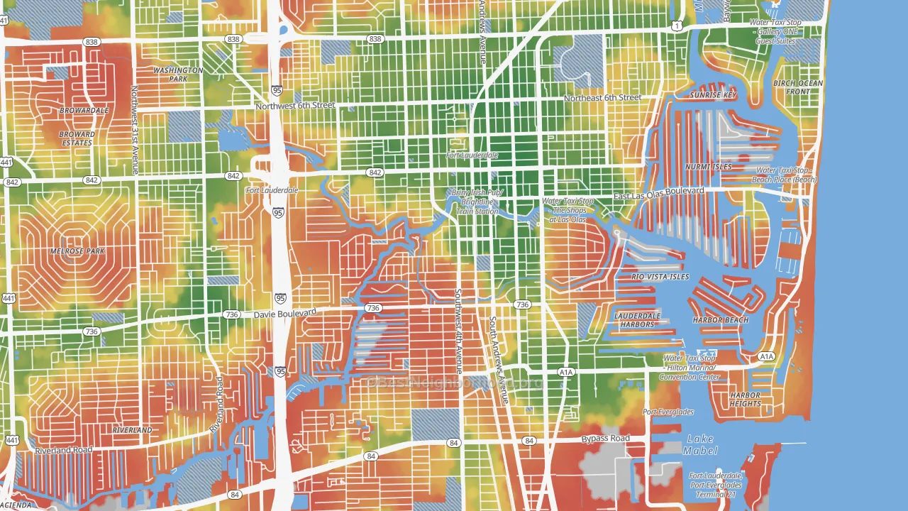 Walk Grade map of Tarpon River, Fort Lauderdale, FL, walkable areas in green and car-dependent areas in red