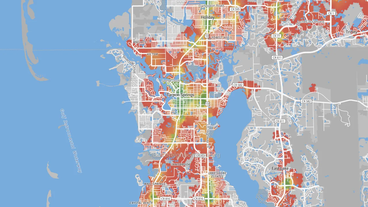 Walk Grade map of Tarpon Springs, FL, walkable areas in green and car-dependent areas in red