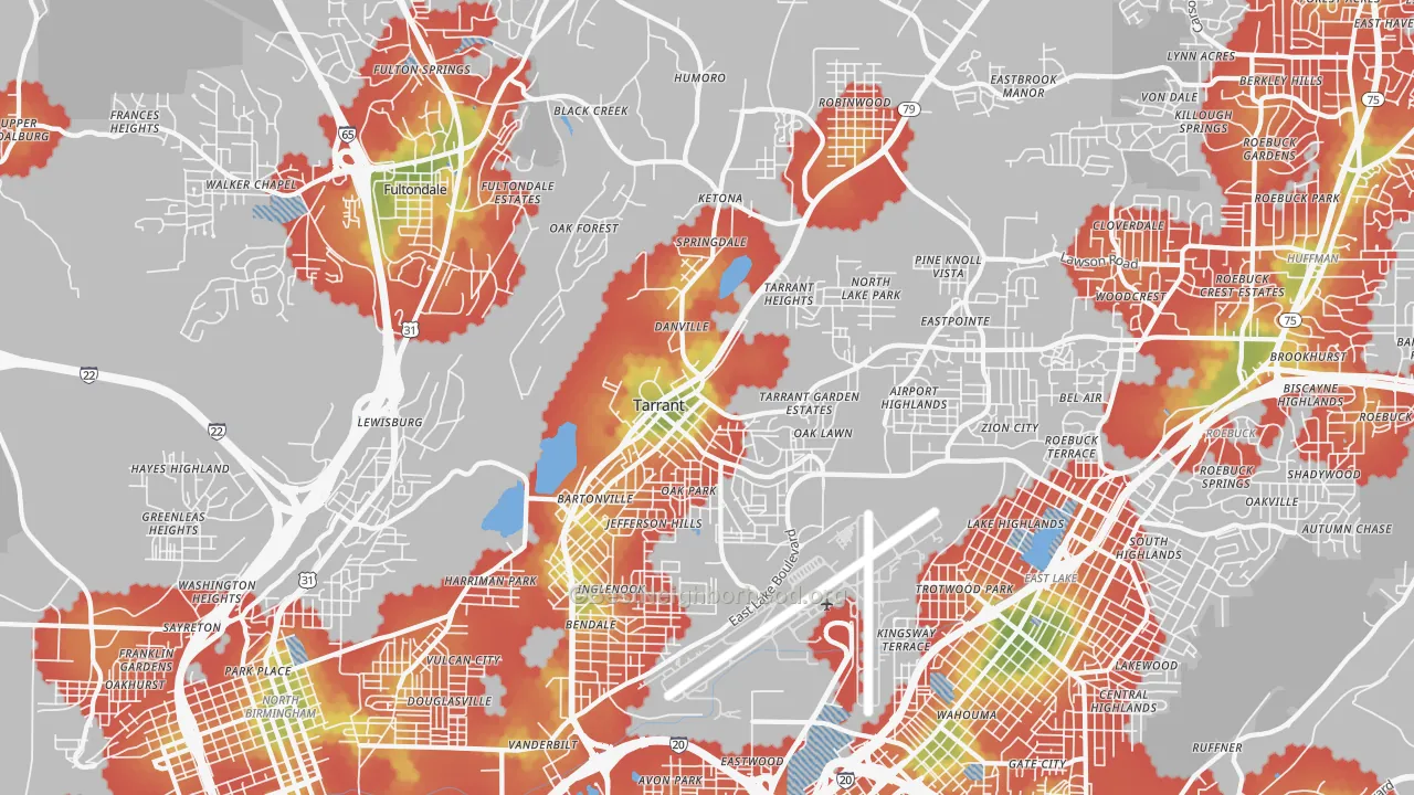 Walk Grade map of Tarrant, AL, walkable areas in green and car-dependent areas in red