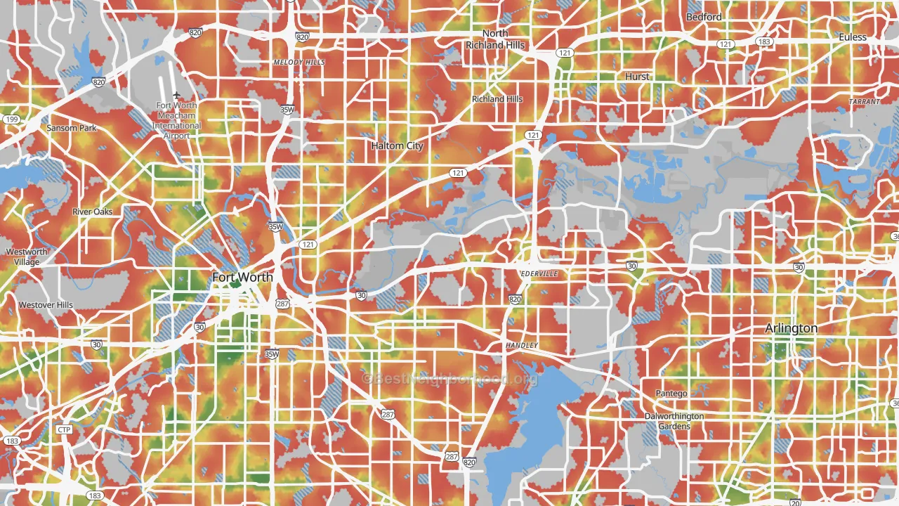 Walk Grade map of Tarrant County, TX, walkable areas in green and car-dependent areas in red