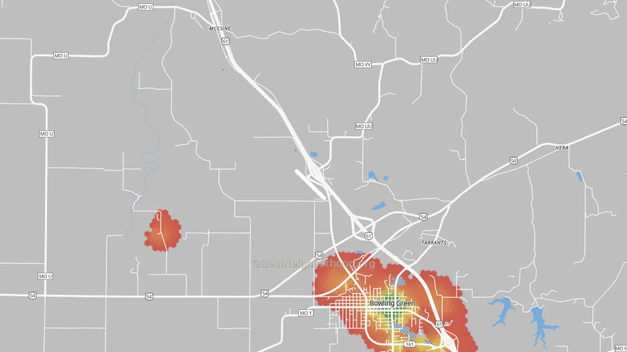 Walk Grade map of Tarrants, MO, walkable areas in green and car-dependent areas in red