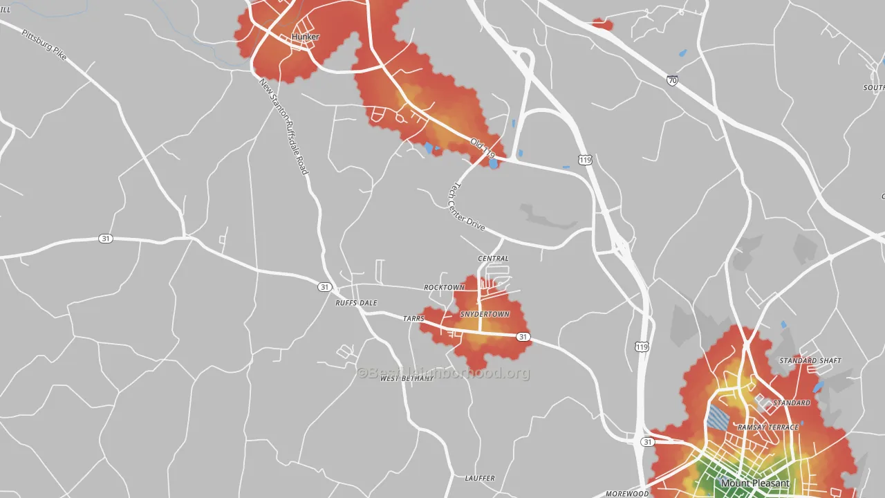 Walk Grade map of Tarrs, PA, walkable areas in green and car-dependent areas in red