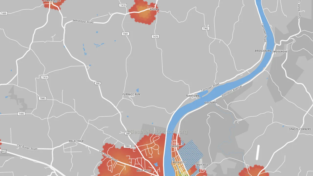 Walk Grade map of Tarrtown, PA, walkable areas in green and car-dependent areas in red