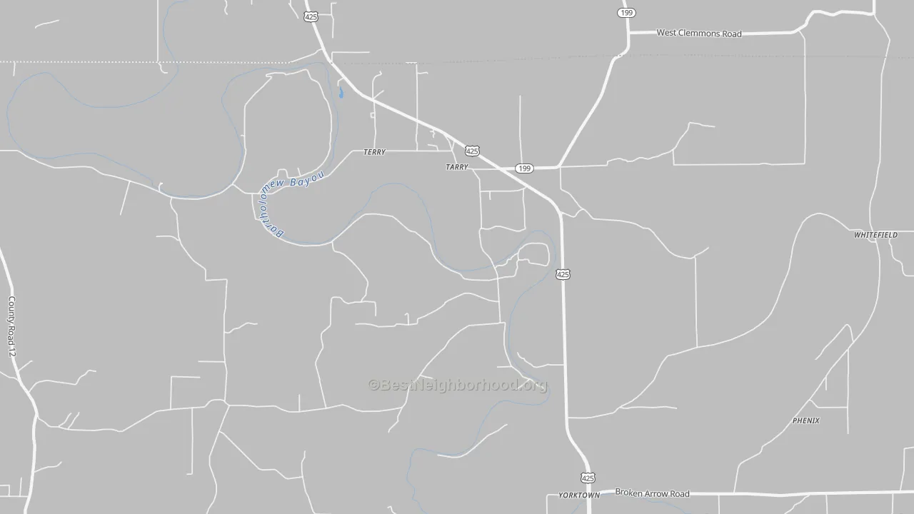 Walk Grade map of Tarry, AR, walkable areas in green and car-dependent areas in red