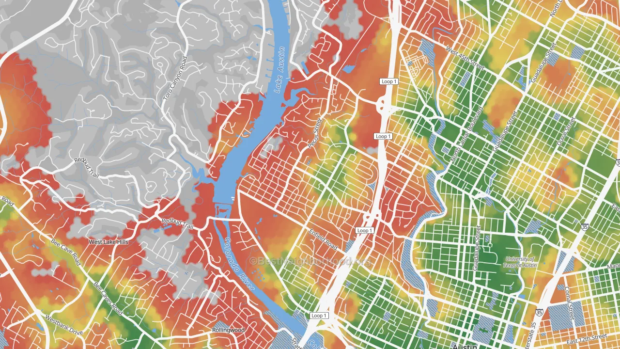 Walk Grade map of Tarrytown, Austin, TX, walkable areas in green and car-dependent areas in red