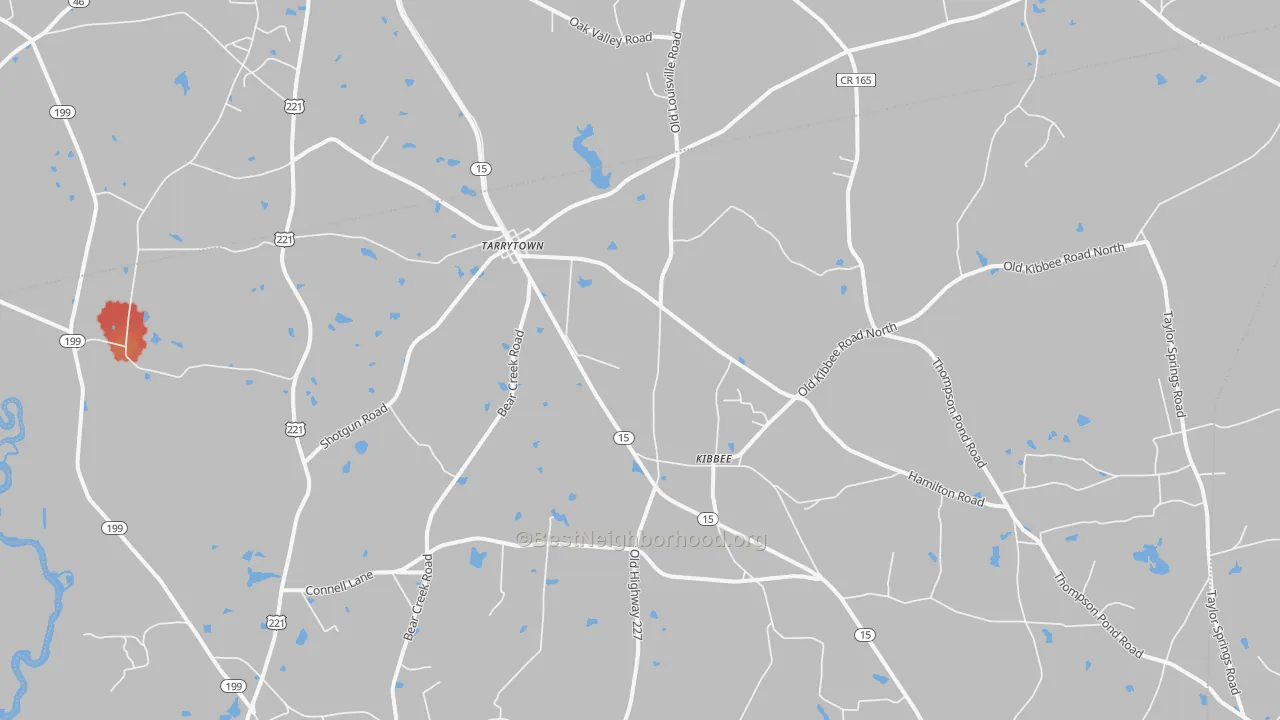 Walk Grade map of Tarrytown, GA, walkable areas in green and car-dependent areas in red