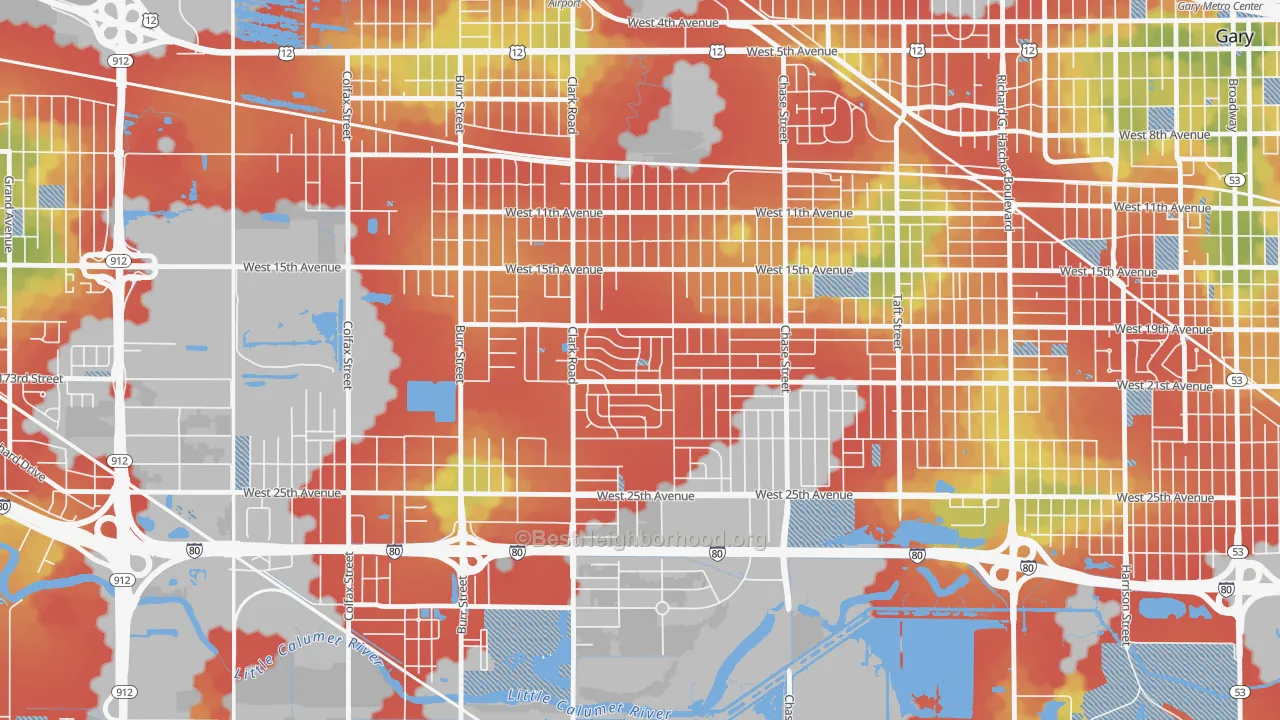 Walk Grade map of Tarrytown, Gary, IN, walkable areas in green and car-dependent areas in red
